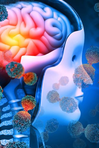 Brain cancer. Cancer cells attacking the human brain. 3d illustration