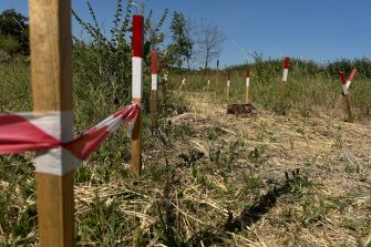 Minefield warning sign with ukraine text “Danger Mines!” placed in a burned forest area affected by conflict. The marked area indicates possible landmine contamination and explosive hazards