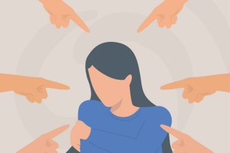 Illustration of  six hands pointing at a woman