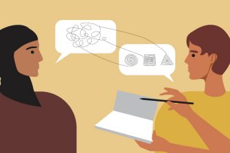 Islamic woman in consultation with a psychologist. Flat vector stock illustration. Consultation with a psychotherapist. Psychological assistance to a refugee. Free psychotherapy. Vector graphics
