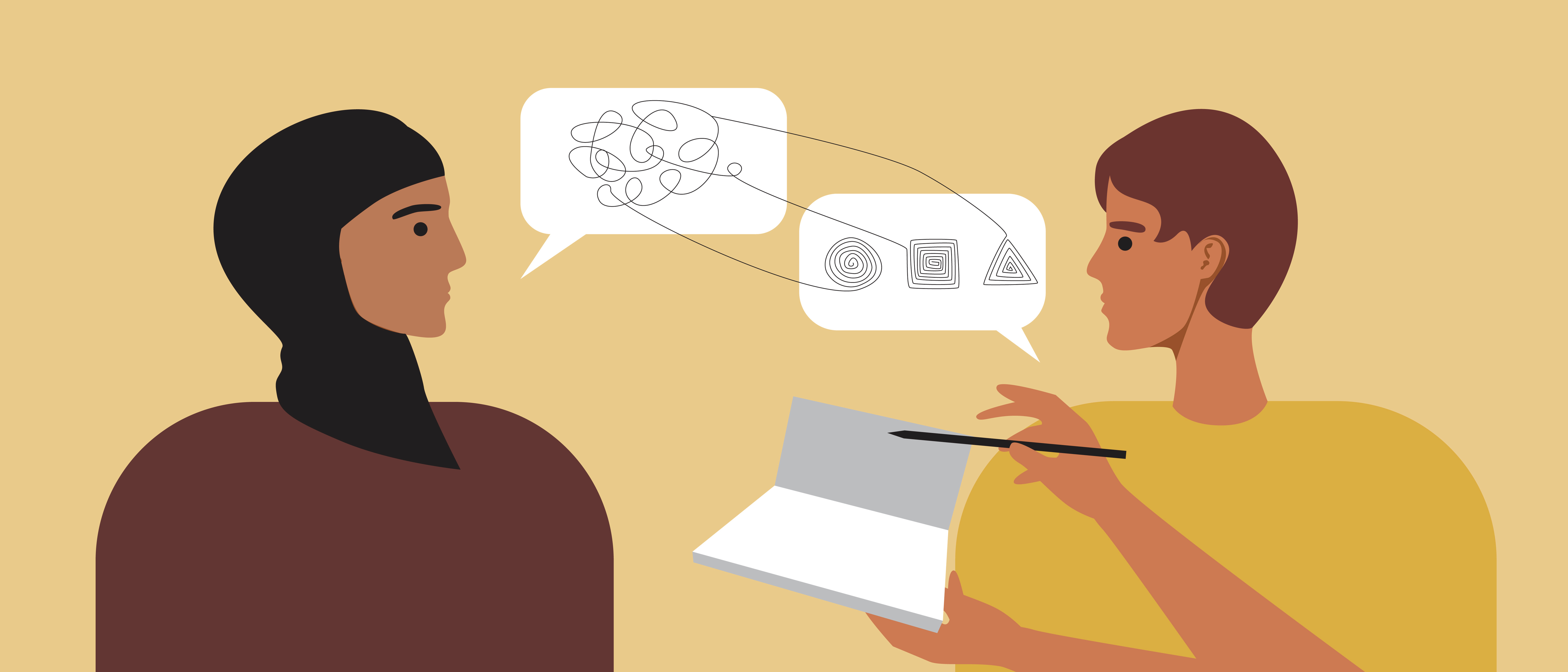 Islamic woman in consultation with a psychologist. Flat vector stock illustration. Consultation with a psychotherapist. Psychological assistance to a refugee. Free psychotherapy. Vector graphics