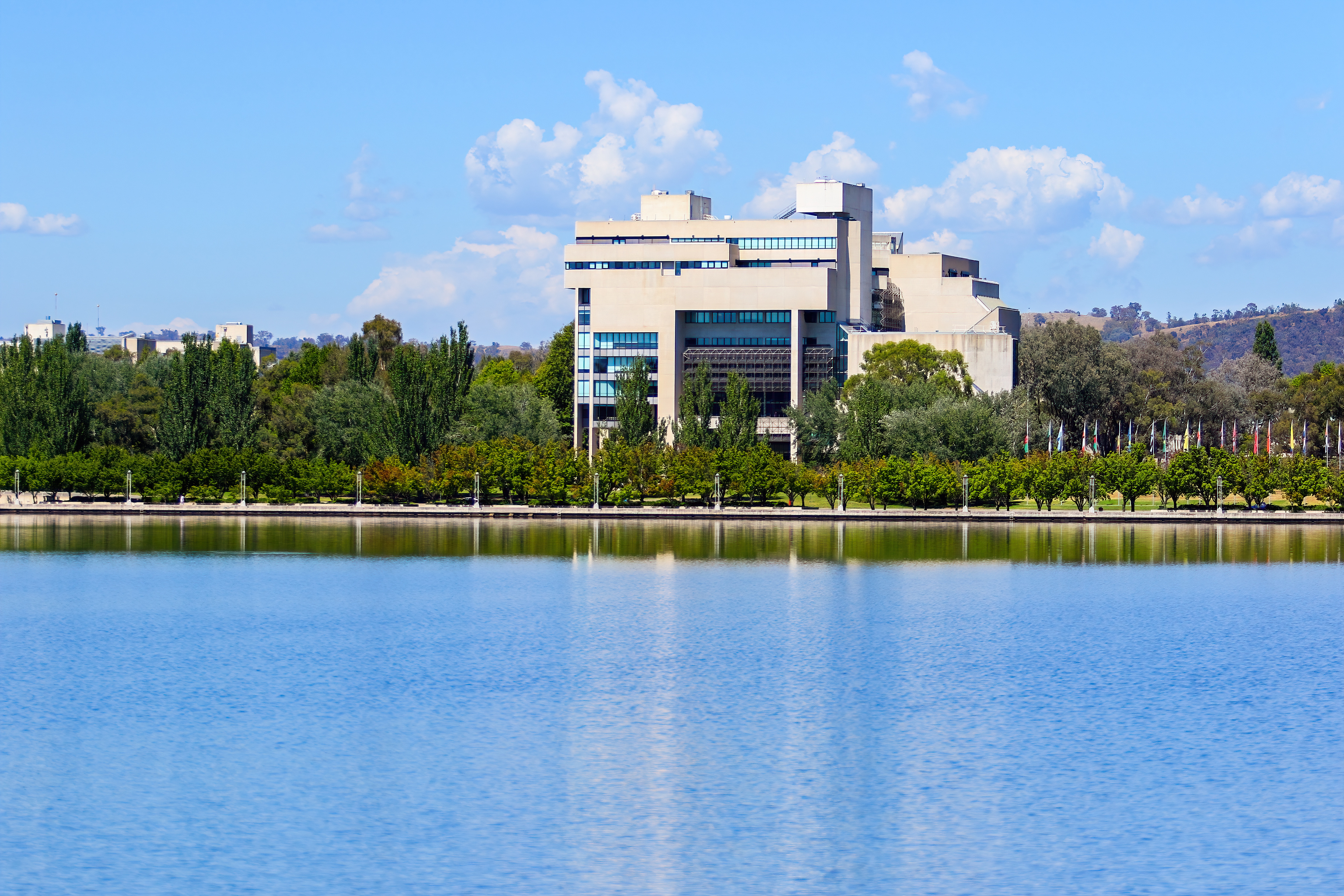 High Court of Australia building as seen from the opposite shore of Lake Burley Griffin in Canberra, Australian Capital Territory