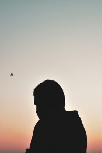 Silhouette of a person with birds flying overhead in the sunset