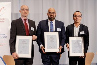 Anthony Rodgers, Yashutosh Joshi, Thanh Nho Do holding their CVRN Ministerial Awards for Cardiovascular Research.