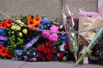 Flowers and wreaths laid at the The Cenotaph War Memorial. Anzac Day in the City