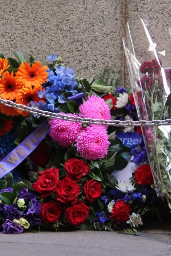 Flowers and wreaths laid at the The Cenotaph War Memorial. Anzac Day in the City