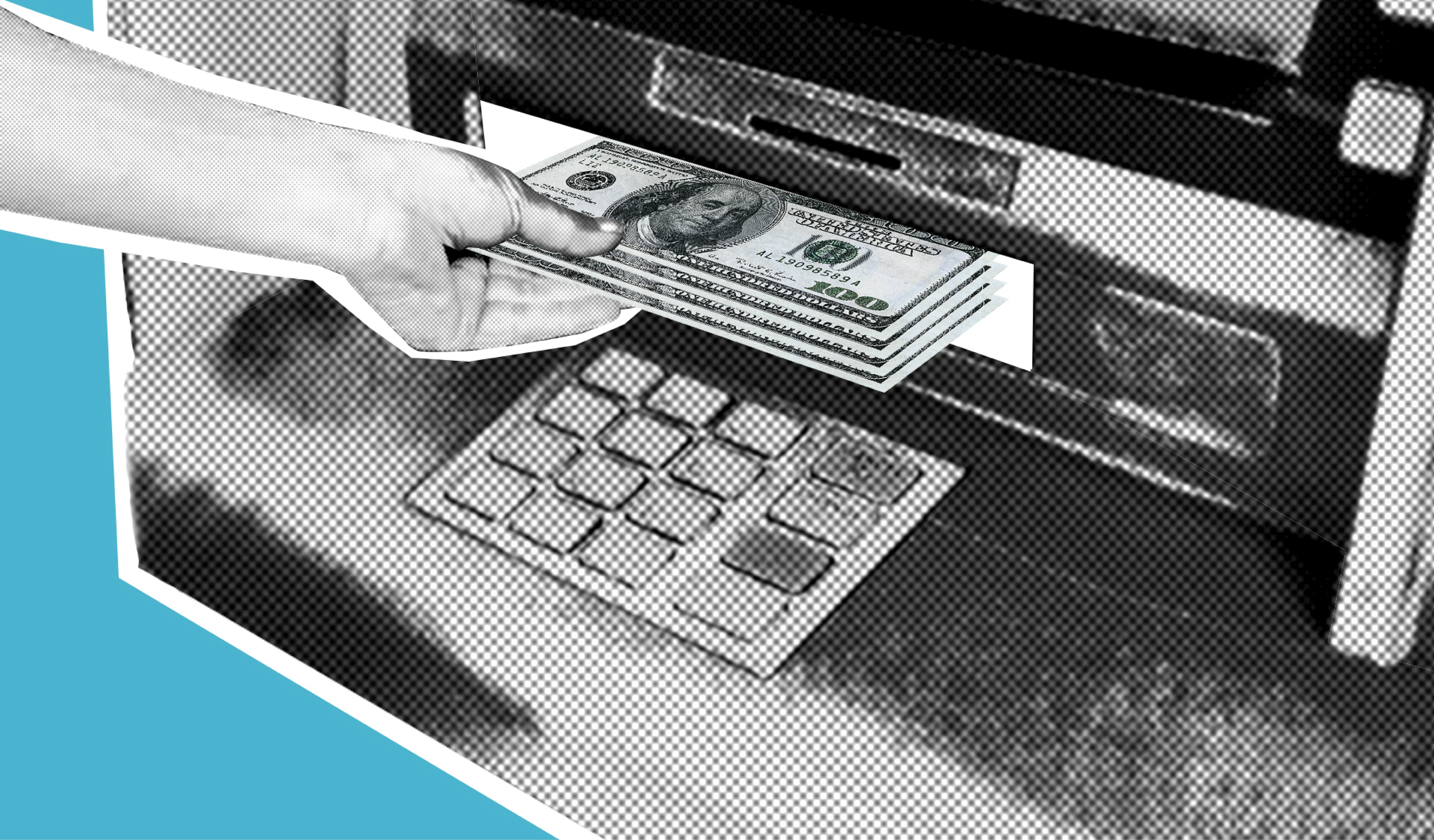 Artistic collage of hand withdrawing cash from ATM