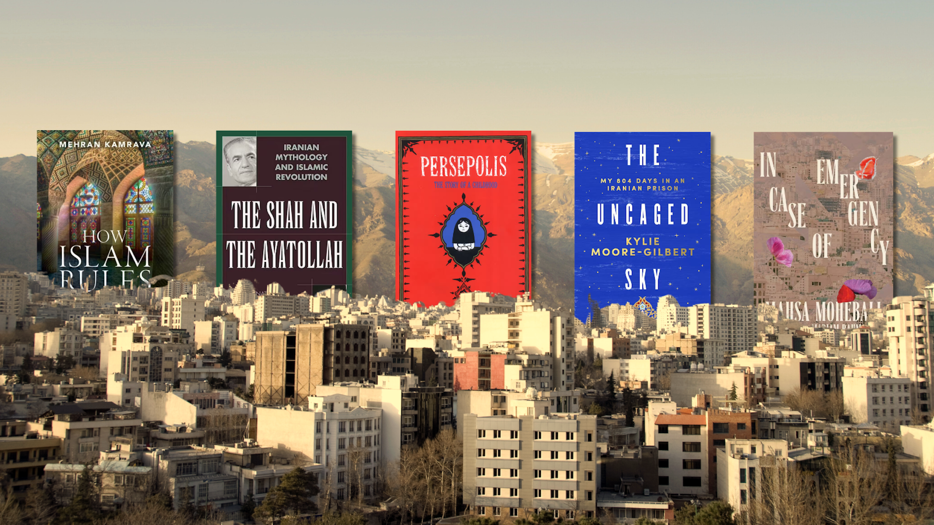 5 book covers over a city in iran
