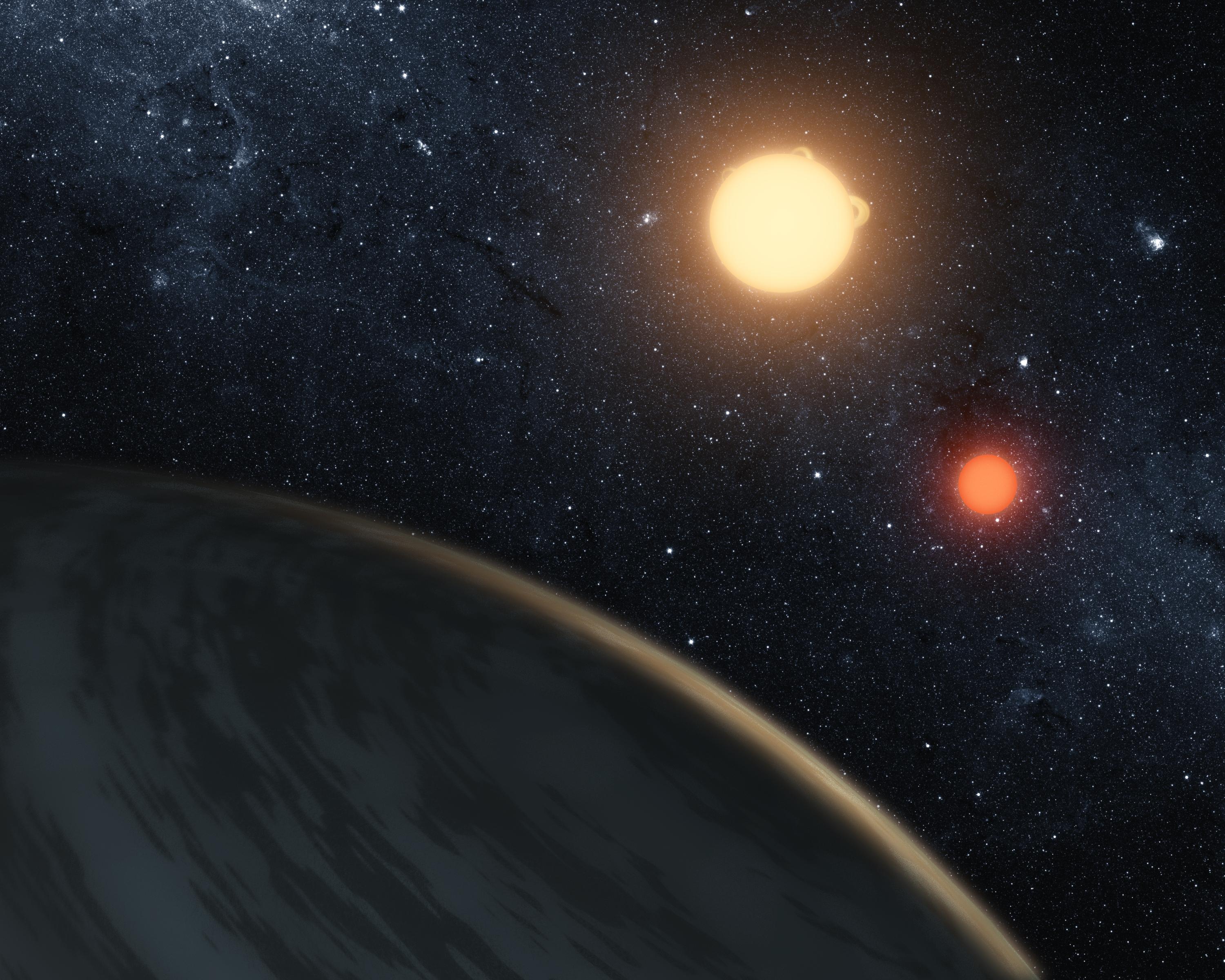 This artist's image illustrates a circumbinary planet – a planet that orbits two stars – called Kepler-16b, which was detected in an earlier study. 