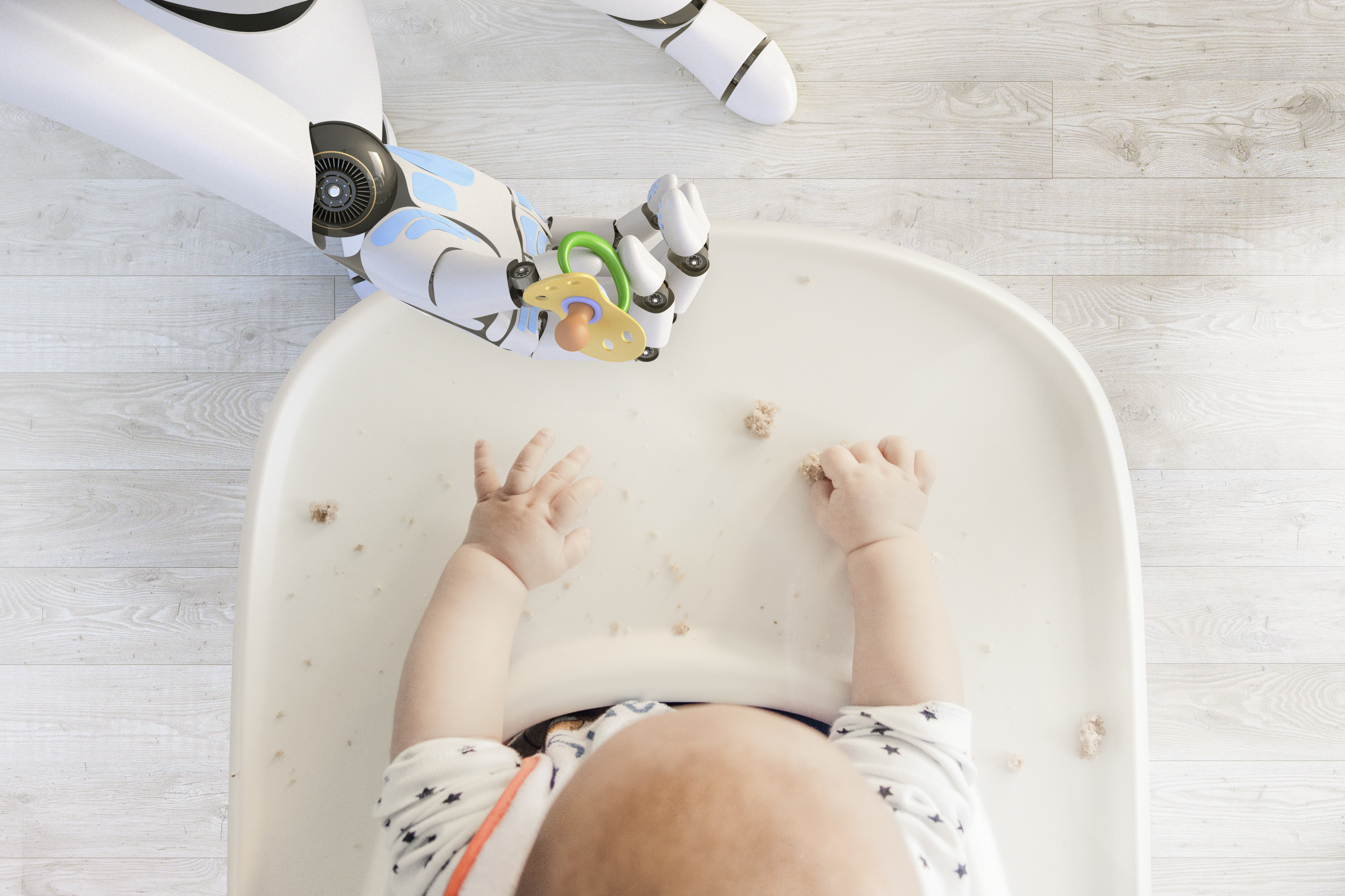 Robot hand giving pacifier to baby boy sitting in high chair playing with bread crumps, top view