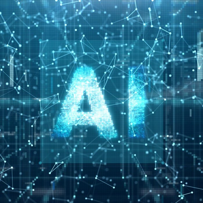 3D Motion graphic of AI or artificial intelligence Innovation Technology concept, AI Font 3D in digital cyber space, AI Chatbot and Generative AI technology, Futuristic abstract background for Business Science and technology.