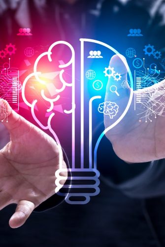 Innovation. New concept ideas with innovations hand in hand with future lamp technology and inspiration in science and communication concepts.