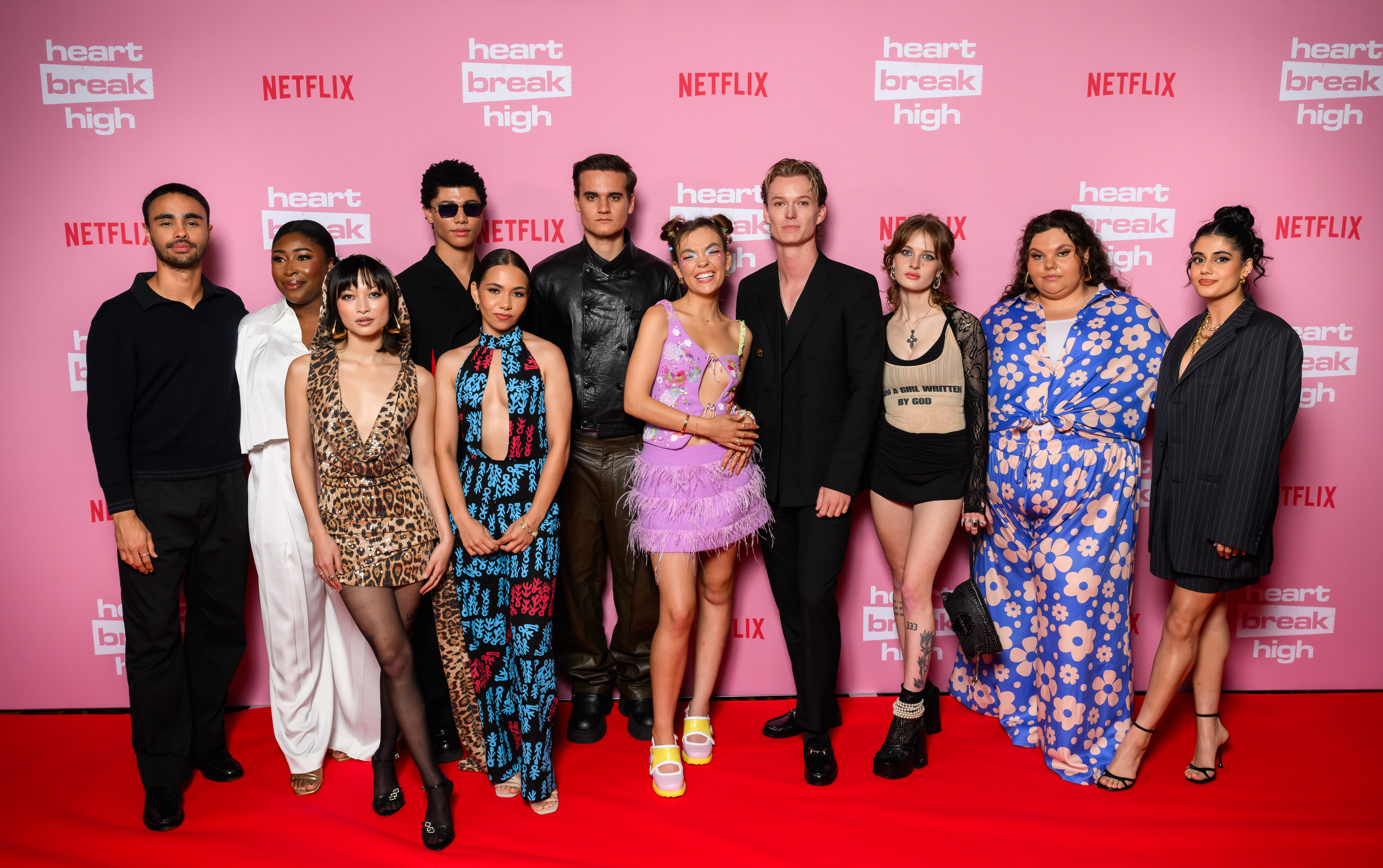 SYDNEY, AUSTRALIA - APRIL 10: Thomas Weatherall, Chika Ikogwe, Gemma Chua-Tran, James Majoos, Sherry-Lee Watson, Will McDonald, Chloe Hayden, Bryn Chapman Parish, Asher Yasbincek, Kartanya Maynard and Ayesha Madon attends the Netflix cast and crew screening of "Heartbreak High" Season 2 at Palace Cinemas Moore Park on April 10, 2024 in Sydney, Australia. (Photo by James Gourley/Getty Images for Netflix)