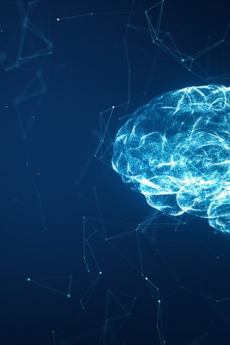 Artificial intelligence (AI). Big data flow analysis, Data mining, deep learning modern computer technologies. Futuristic Cyber Technology Innovation. Brain representing artificial intelligence.