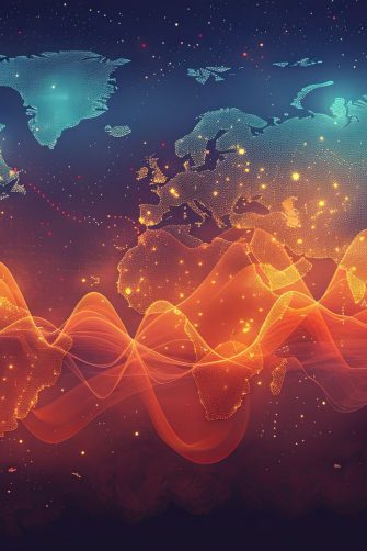 A striking world map tracking pollution through pulsating color gradients, capturing the planet's environmental heartbeat