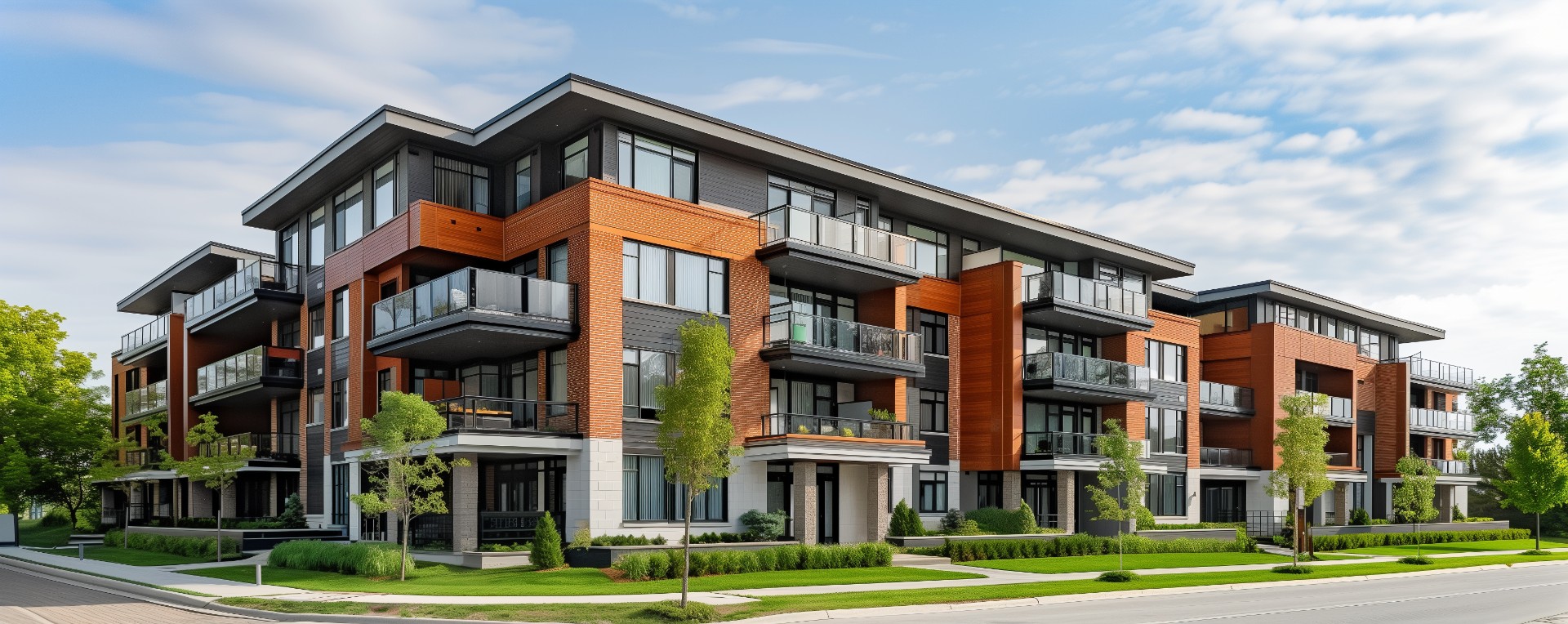Amidst ample green spaces, a newly developed suburban apartment complex boasts spacious units, fostering outdoor activities and community engagement. AI image.