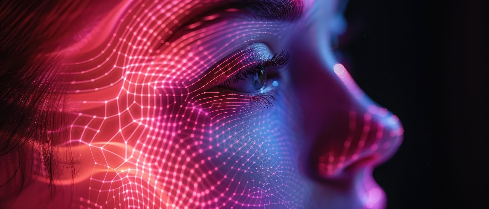 Close-up of a woman's face with futuristic digital light patterns symbolizing technology, artificial intelligence, and virtual reality.