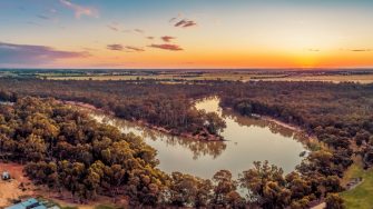 Murray River bend at sunset - aerial panorama