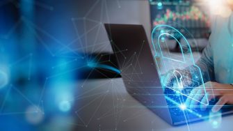 Cyber security and data protection. Businessman using laptop computer protecting business and financial data with virtual network connection. Innovation technology develop smart solution.