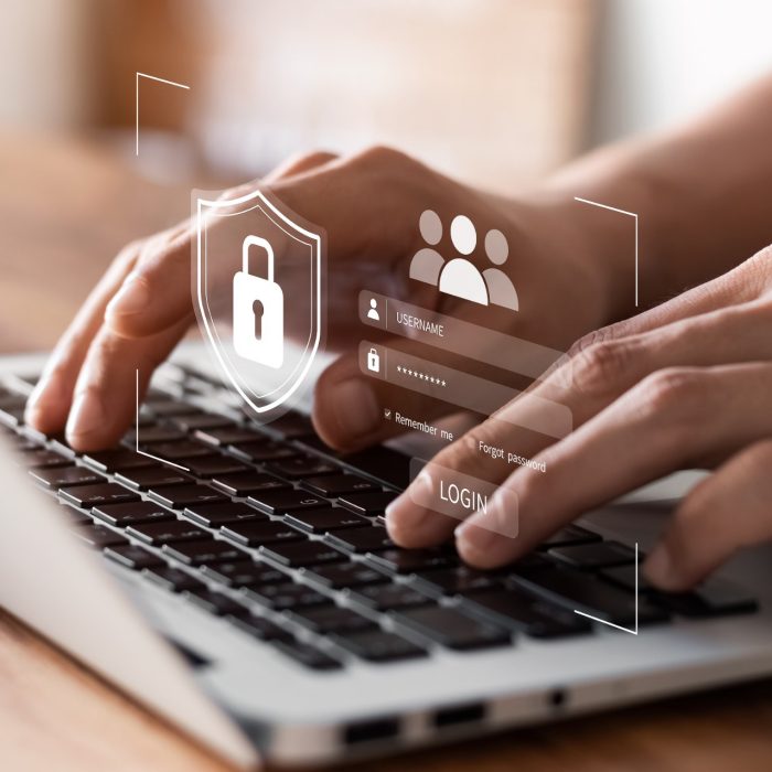 Cybersecurity and privacy concepts to protect data. Lock icon and internet network security technology. Businessmen protecting personal data on tablets and virtual interfaces.