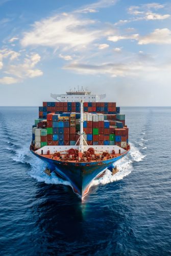 Aerial front view of a large, loaded container cargo vessel traveling over calm ocean