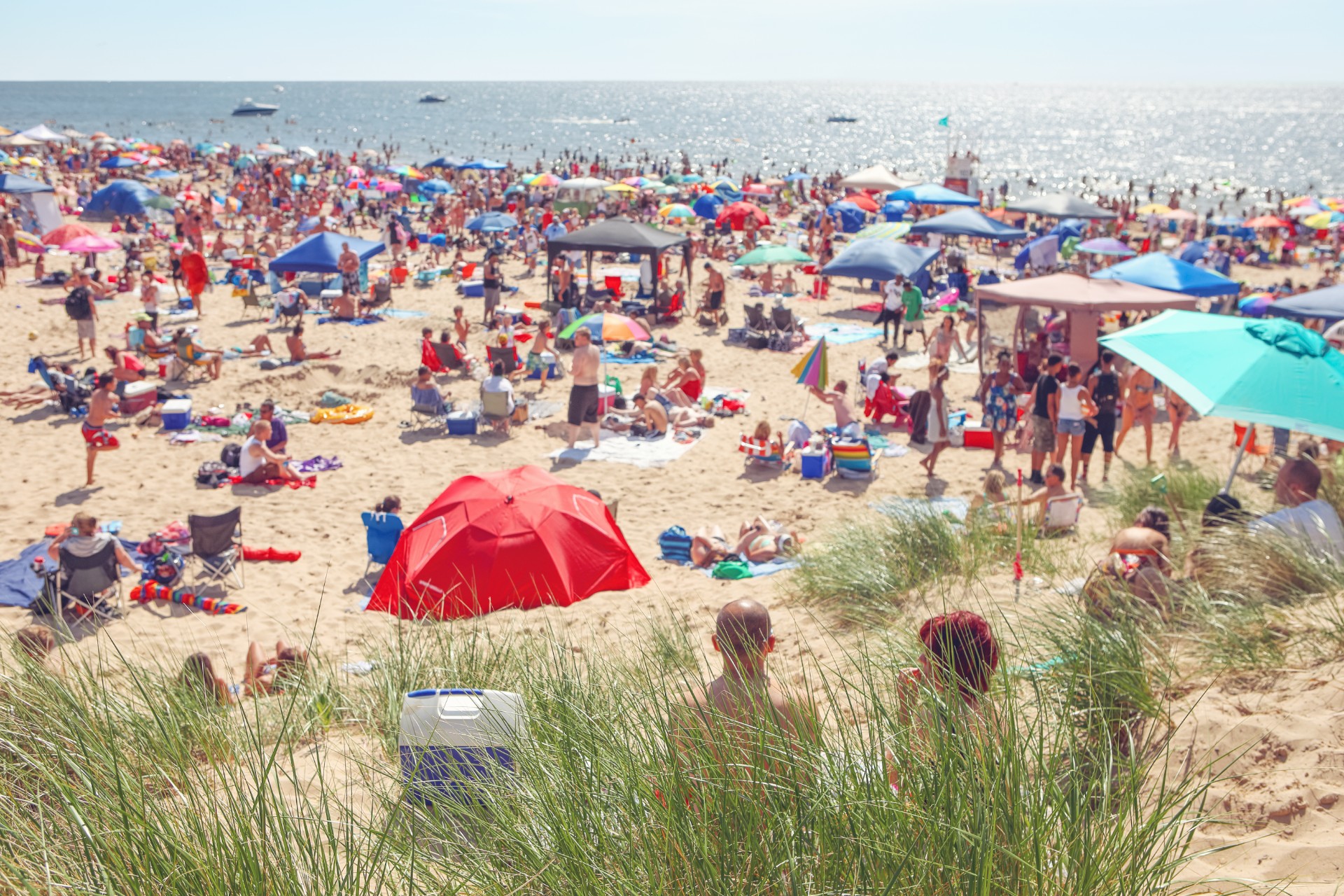 A beach crowded with colourful umbrellas and lots of people