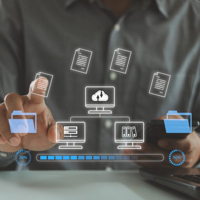 Transfer files data system relocation on cloud system technology concept. Business person hand using laptop computer waiting for transfer document file process with loading bar icon on virtual screen.
