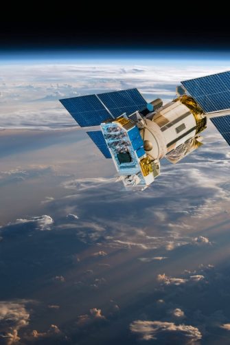 Space satellite orbiting the earth. Elements of this image furnished by NASA.