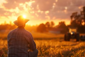 back view of a farmer stands in the field and looks at his farm with tractor