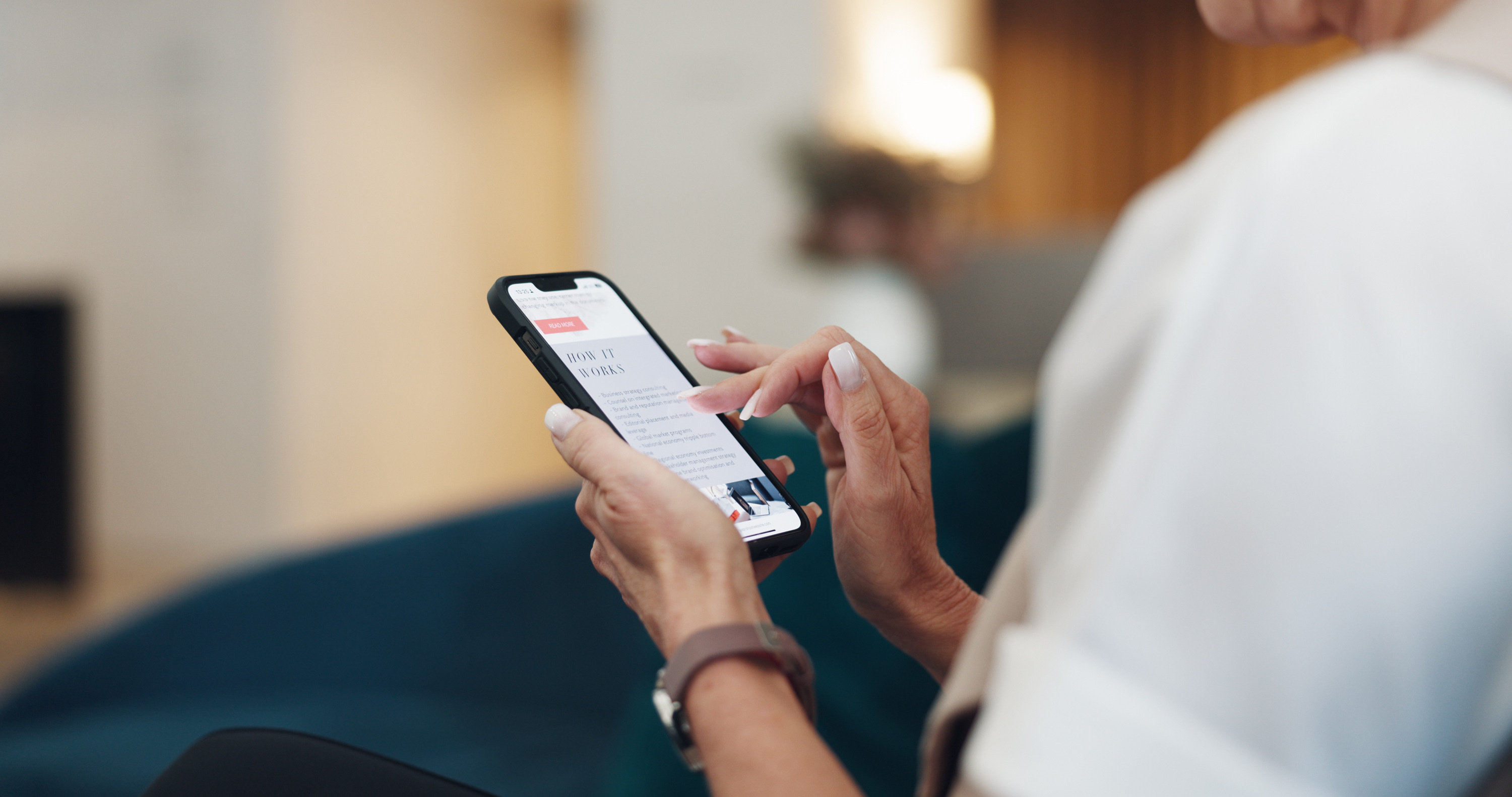 Hands, woman and phone screen for online shopping, reading post or target advert. Female, closeup or smartphone for product website, marketing ad or social media for chatting, connectivity or texting.