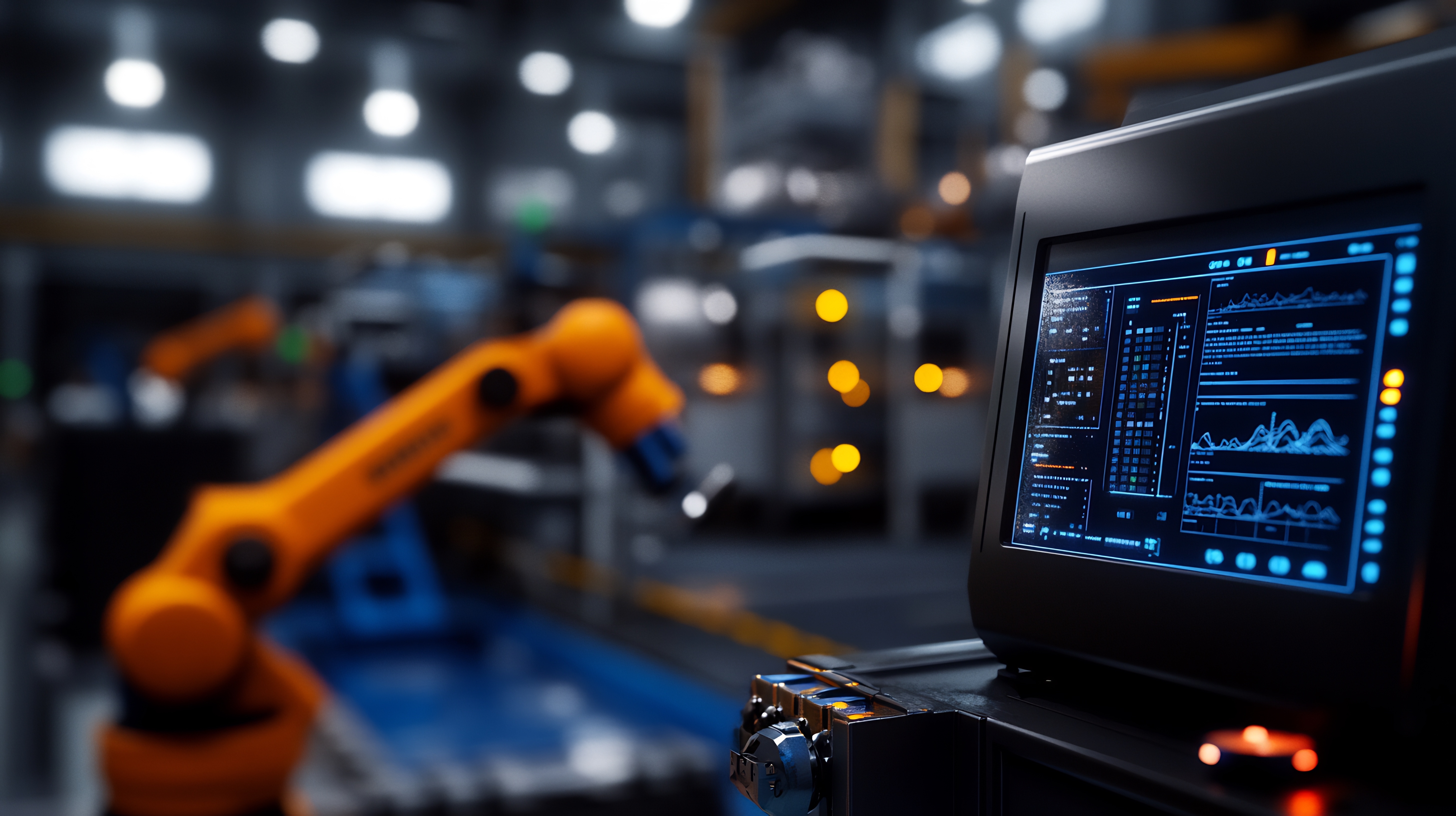 Close-up of a robotic arm and control panel in a busy factory setting.  The image showcases advanced industrial automation.