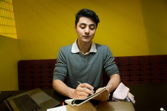 Group or single photos of students talking and working