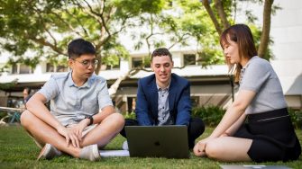 Students studying in a group on the grass
