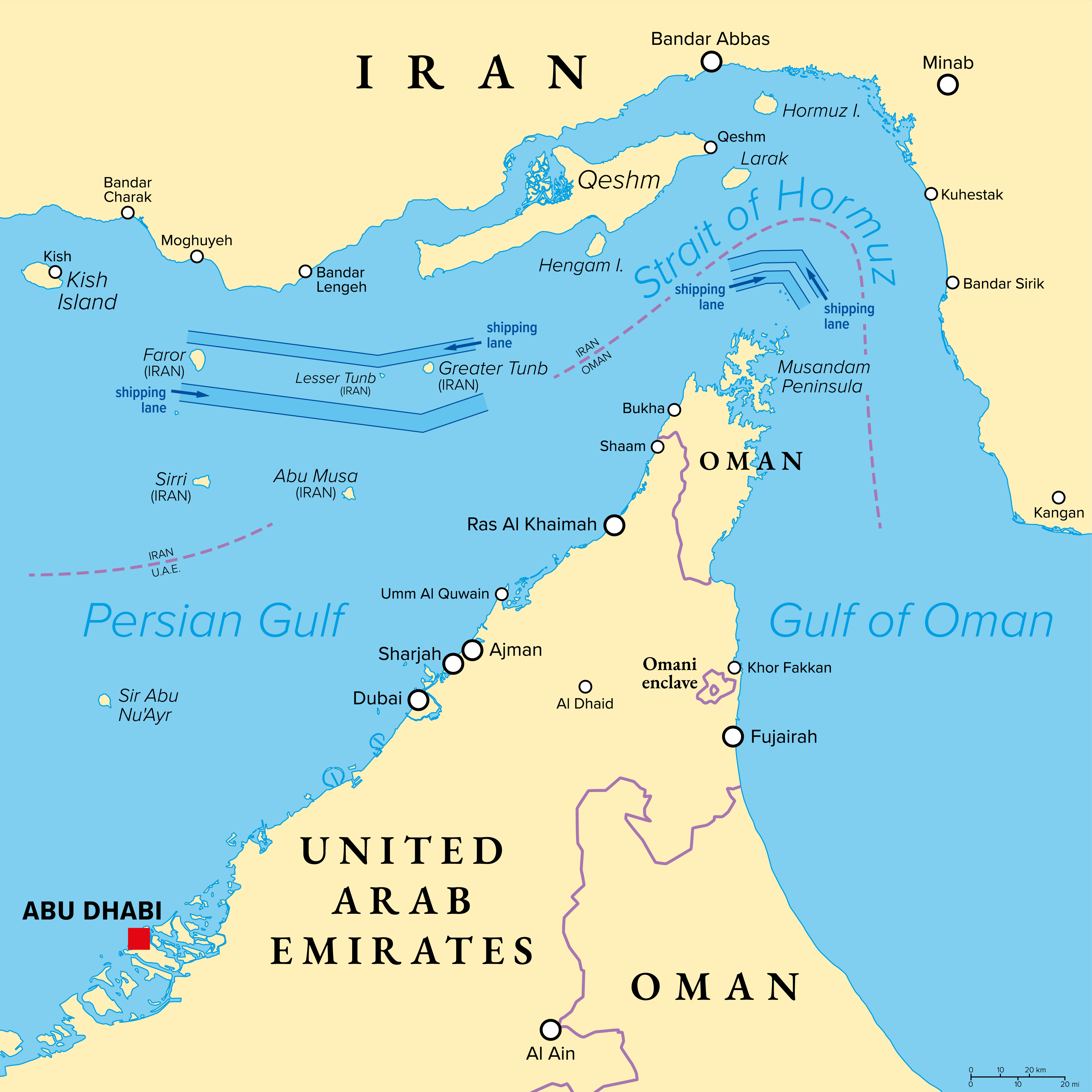 Illustrated map of the Strait of Hormuz
