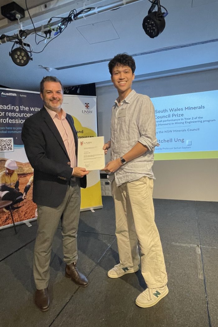 Award presentation photo at the UNSW School of Minerals and Energy Resources Engineering during the MERE Awards Night 2025.