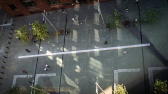 Aerial view of the 30-metre Shattered Topography installation stretching across Martin Place, Sydney.