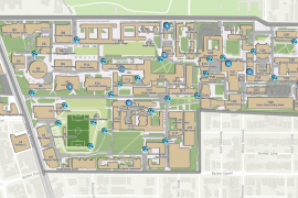 Map of UNSW Kensington campus highlighting sustainability locations with blue markers.