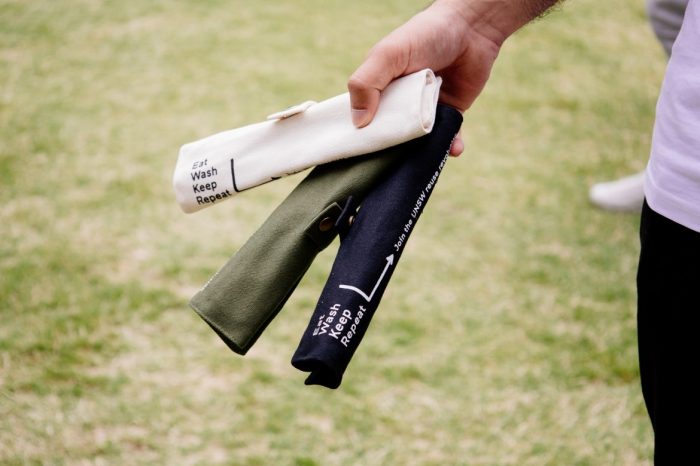 Hands holding reusable cutlery wraps