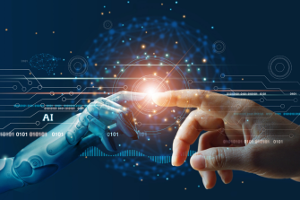 A robot hand and a human hand reaching out and connecting in a hyperrealistic setting 