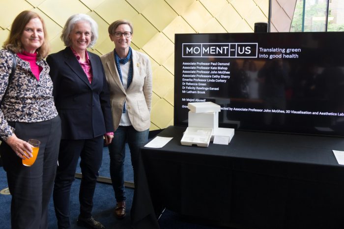Team members representing 'Moment-us� pictured left to right include: Felicity Rawlings-Sanaei, Kate Bishop and Rebecca Green alongside a scale model of their proposal to establish interactive / edible green infrastructure and associated technologies for the HTH