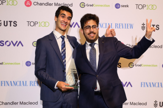 EY Top100 Future Leader Award winners Emanuel Shavier and Himanshu Singh accept their award at the 2024 AFR Top110 Future Leaders Award night