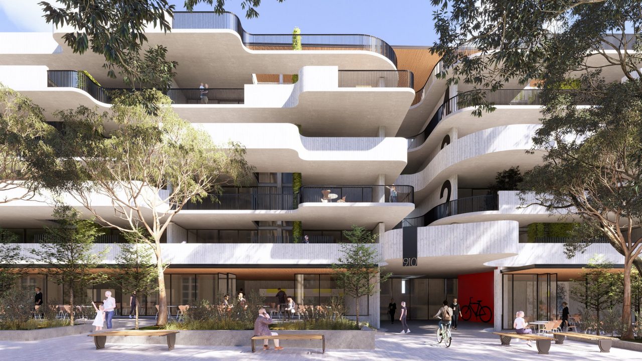 Digital Render of Craig Kerslakes Design of Aunties House. The image show an apartment complex that is 6 stories with winding whire verandas across them. there are people in the street engaging withthe shops on the floor level and two trees are infront of the apartment complex. 