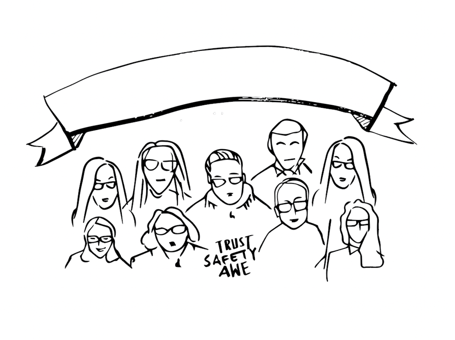 Hand drawn graphic in black pen of group of people 