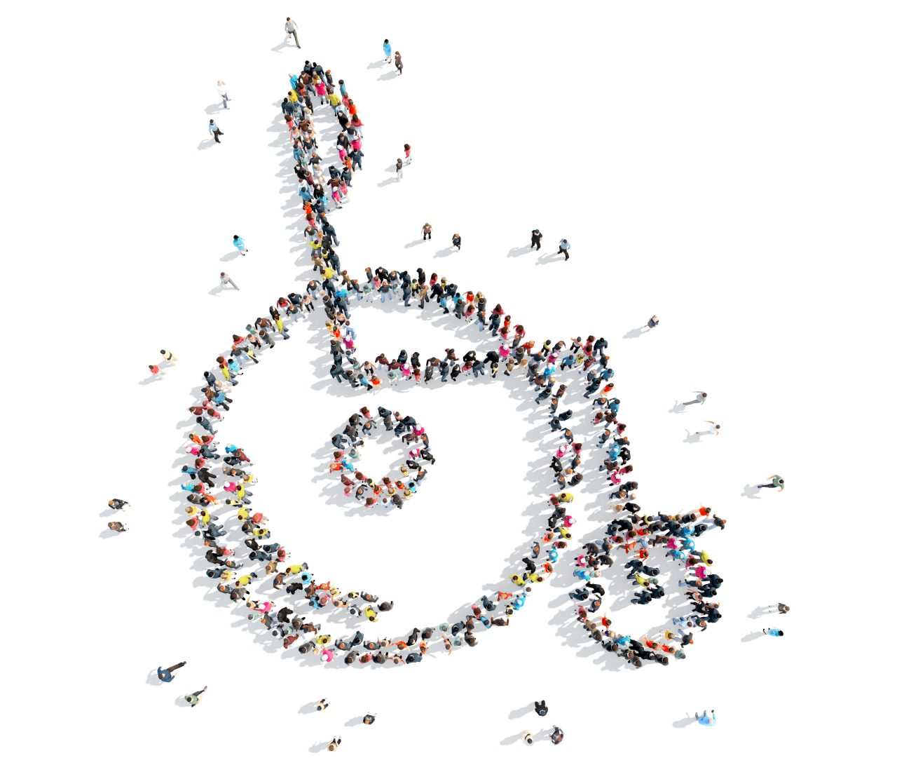 Group of people from above in the shape of a wheelchair user