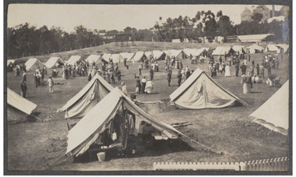 Quarantine Camp full of tents and people, Jubilee Oval, 1919