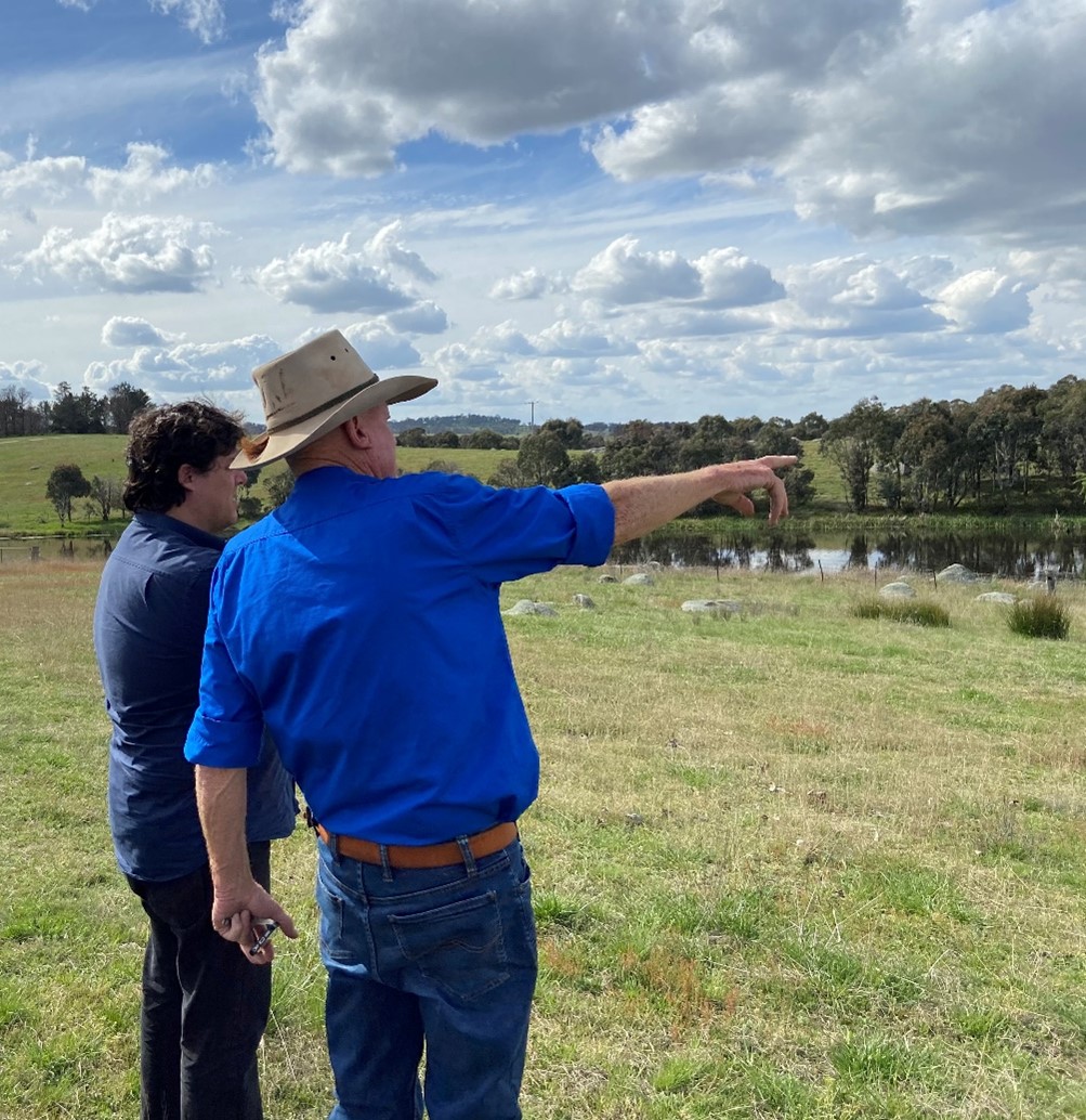 (R) Ted Williams and Stuart Khan (UNSW) discussing water levels in Kentucky Creek Dam which is located on Ted and Sonia William’s property Wilhelmshohe, south of Uralla.