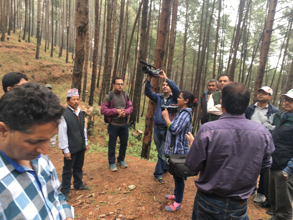 Research group in Nepal filming in forest plantation