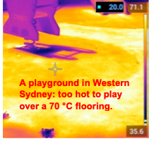 A thermal image of the ground of a playground with the words "A playground in Western Sydney: too hot to play over a 70 degree celsius flooring"  over the top