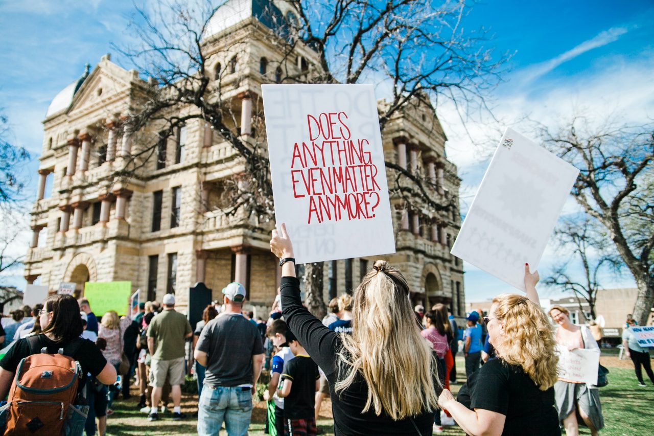 A poignant protest sign seen at the March for Our Lives rally in Denton, Texas.
