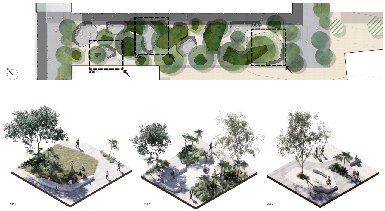 Plan and axonometric views of planned green space